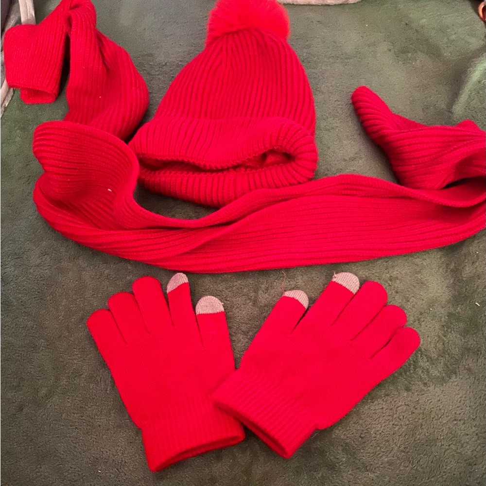 Red Winter Hat, Scarf, and Gloves Set